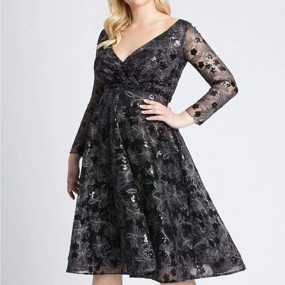 Mac Duggal 67541 Black Floral Sequin Long Sleeve Cocktail Dress| Size 16W - Picture 1 of 12